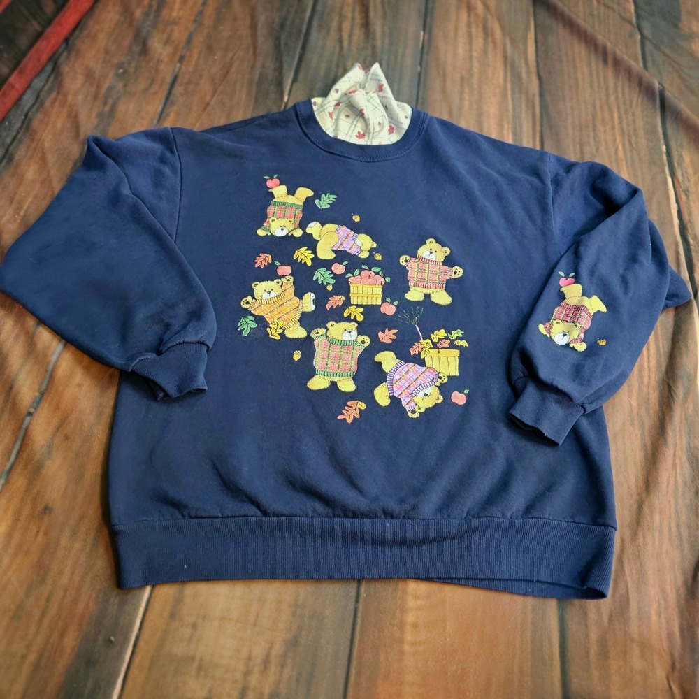 Vintage 1990s Teddy Bears in Sweaters Fall Plaid Turtleneck Sweatshirt Navy Lg